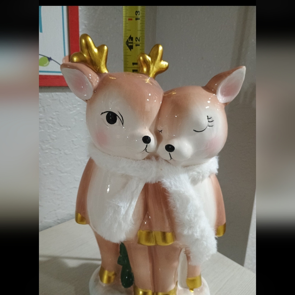 12" Precious Ceramic Deer Reindeer Couple Faux Fur Christmas Tree New - Picture 5 of 5